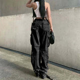 Baggy Wide Leg High Waist Straight Cargo Pants Black