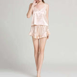 2-Piece Silk Satin Ruffled Sleepwear Set Beige