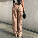 Baggy Wide Leg High Waist Straight Cargo Pants Khaki