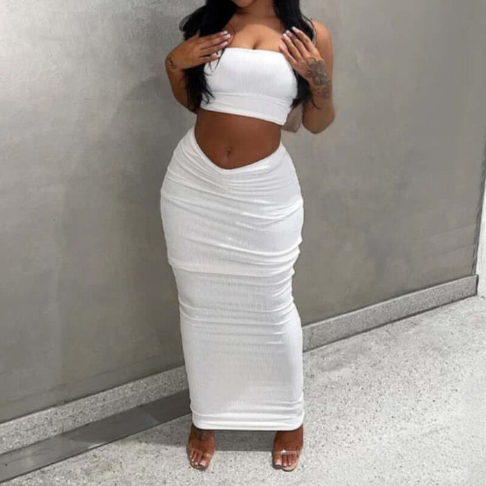 2-Piece Tube Top Midi Skirt Set White