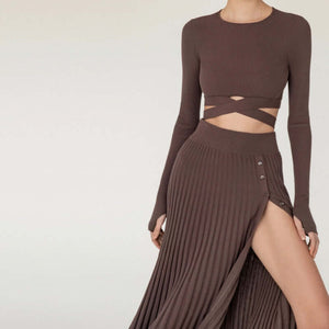 2-Piece Crew Neck Cross Tie Top and Midi Skirt Matching Set Brown