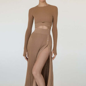 2-Piece Crew Neck Cross Tie Top and Midi Skirt Matching Set Camel