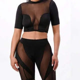 2-Piece Sheer Mesh Crop Top and Shorts Matching Set Black