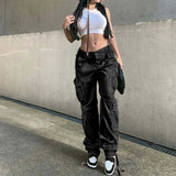 Baggy Wide Leg High Waist Straight Cargo Pants Black