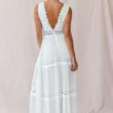 V-Cut White Boho Maxi Dress White