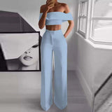 2-Piece Off Shoulder Top and Pants Matching Set Blue