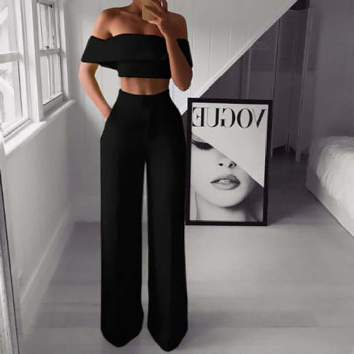 2-Piece Off Shoulder Top and Pants Matching Set Black