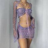 Knitted Sequin Crop Top and Skirt Matching Set Purple