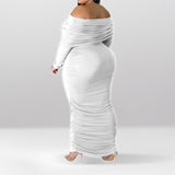 Plus Size Off Shoulder Ruched Long Sleeve Maxi Dress White