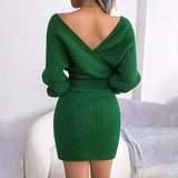 Long Sleeve Knitted Wrap Mini Dress Green